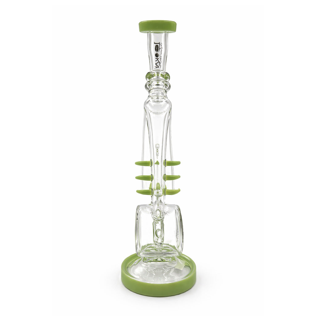 Straight view of Lookah milk green recycler water pipe with multi spike grips and inline perc style lower chamber designed for smoother diffusion