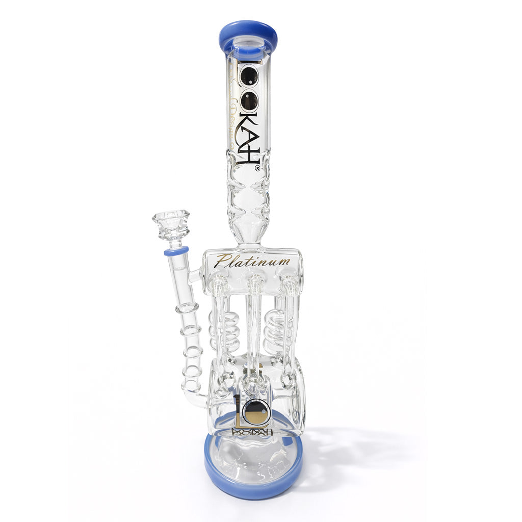 Back view of Lookah Platinum 15 inch multi perc glass bong showing the tall neck, blue base, and internal filtration for cooler pulls