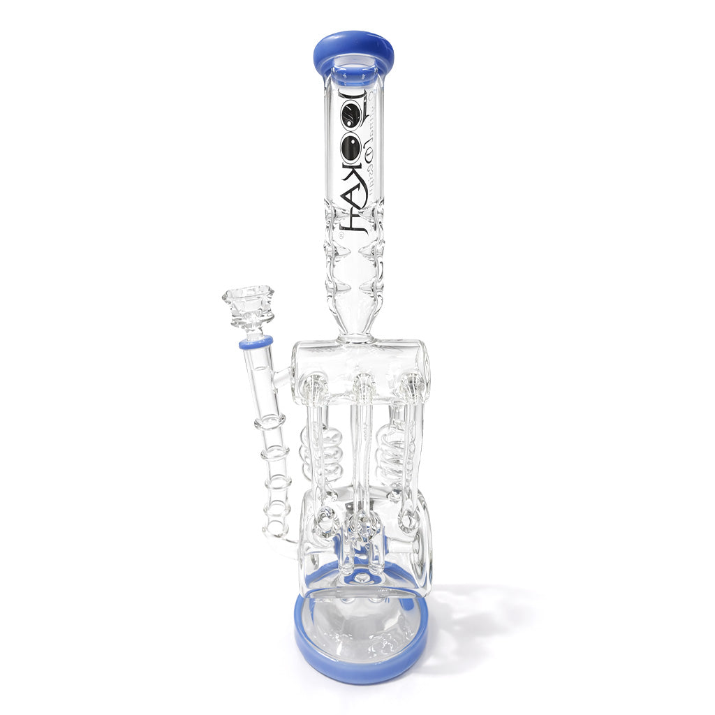 Front view of Lookah Platinum 15 inch glass bong with dual coil percs, blue accents, and bowl attachment for smooth water filtered hits 