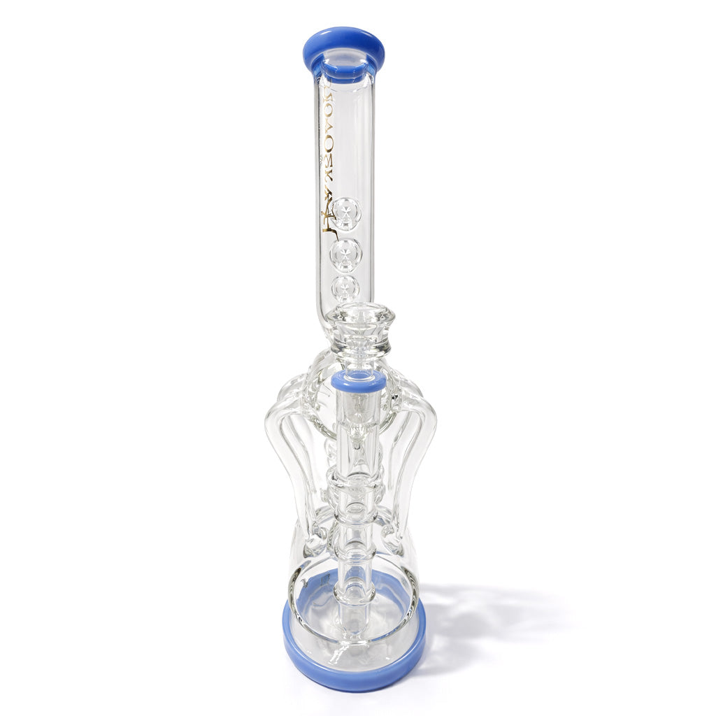 Angled view of Lookah Platinum 15 inch glass bong showing the bowl, side tube detail, and multi perc chamber built for cleaner rips