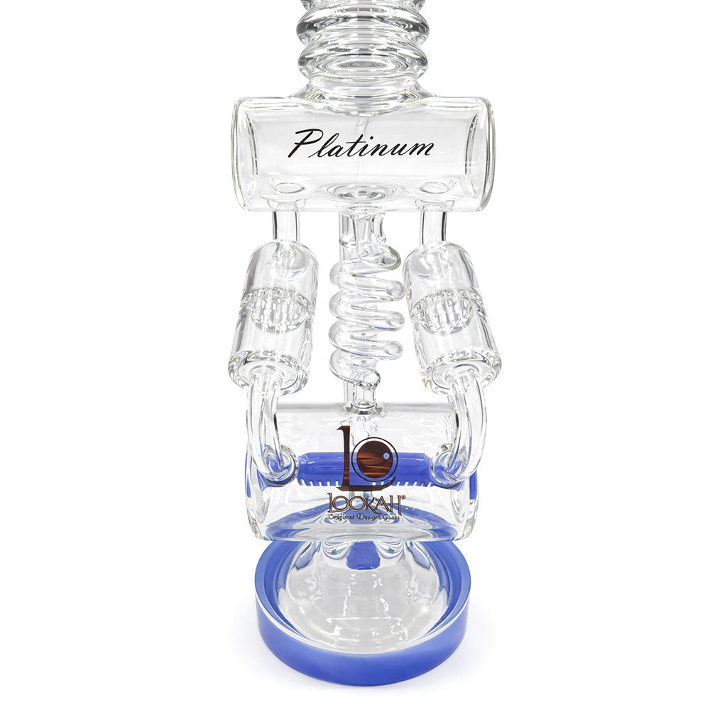 Close up of Lookah Platinum 20 inch donut recycler rig in jade blue showing coil section and dual honeycomb perc chambers for extra diffusion