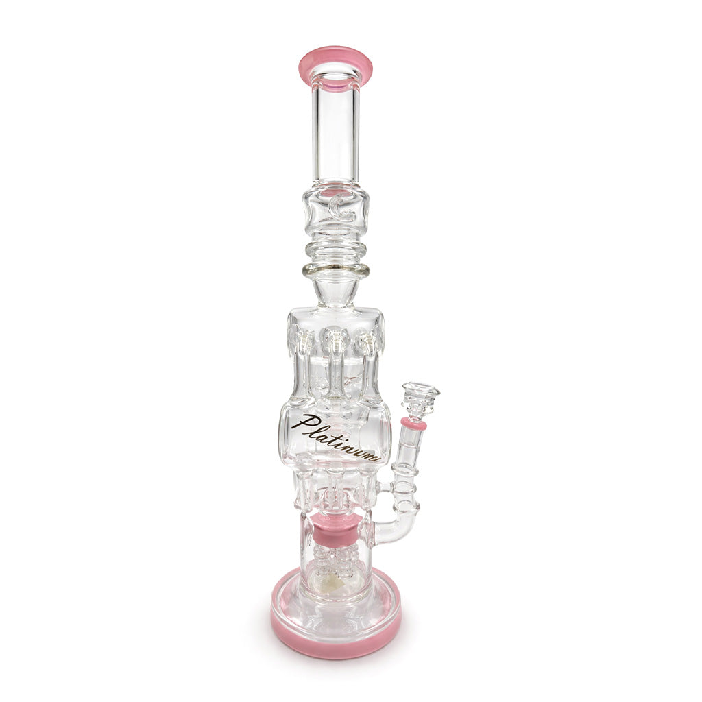 Lookah Platinum pink donut recycler rig with dual side chambers and central spiral perc built to add diffusion and cooler, cleaner pulls 