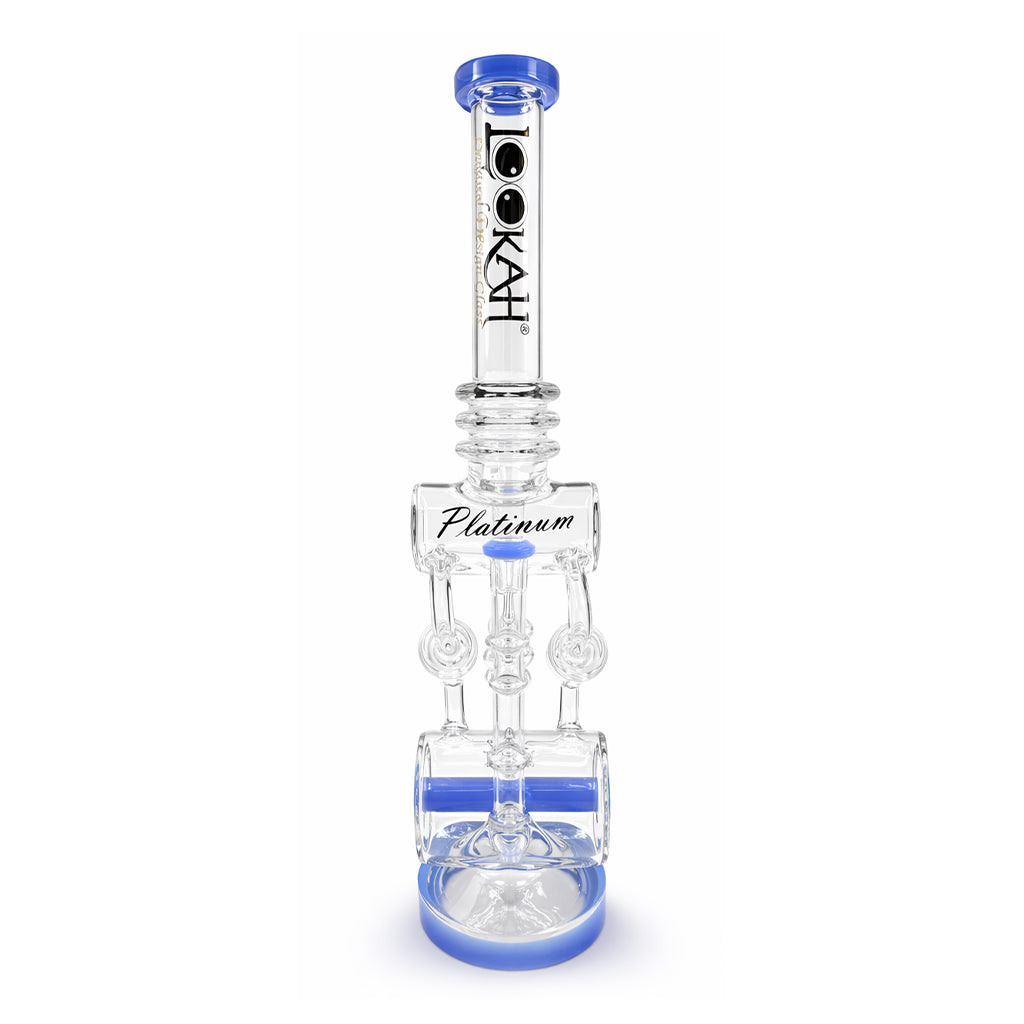 Angled view of Lookah Platinum donut recycler rig in jade blue showing curved neck, recycler chamber, and stable base for daily sessions 
