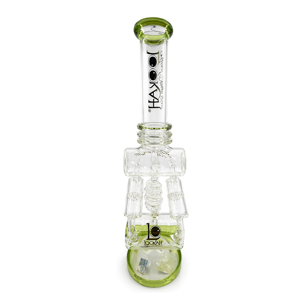 Lookah Platinum recycler dab rig front view in green with clear glass body, straight neck, and bold green accents ready to order online