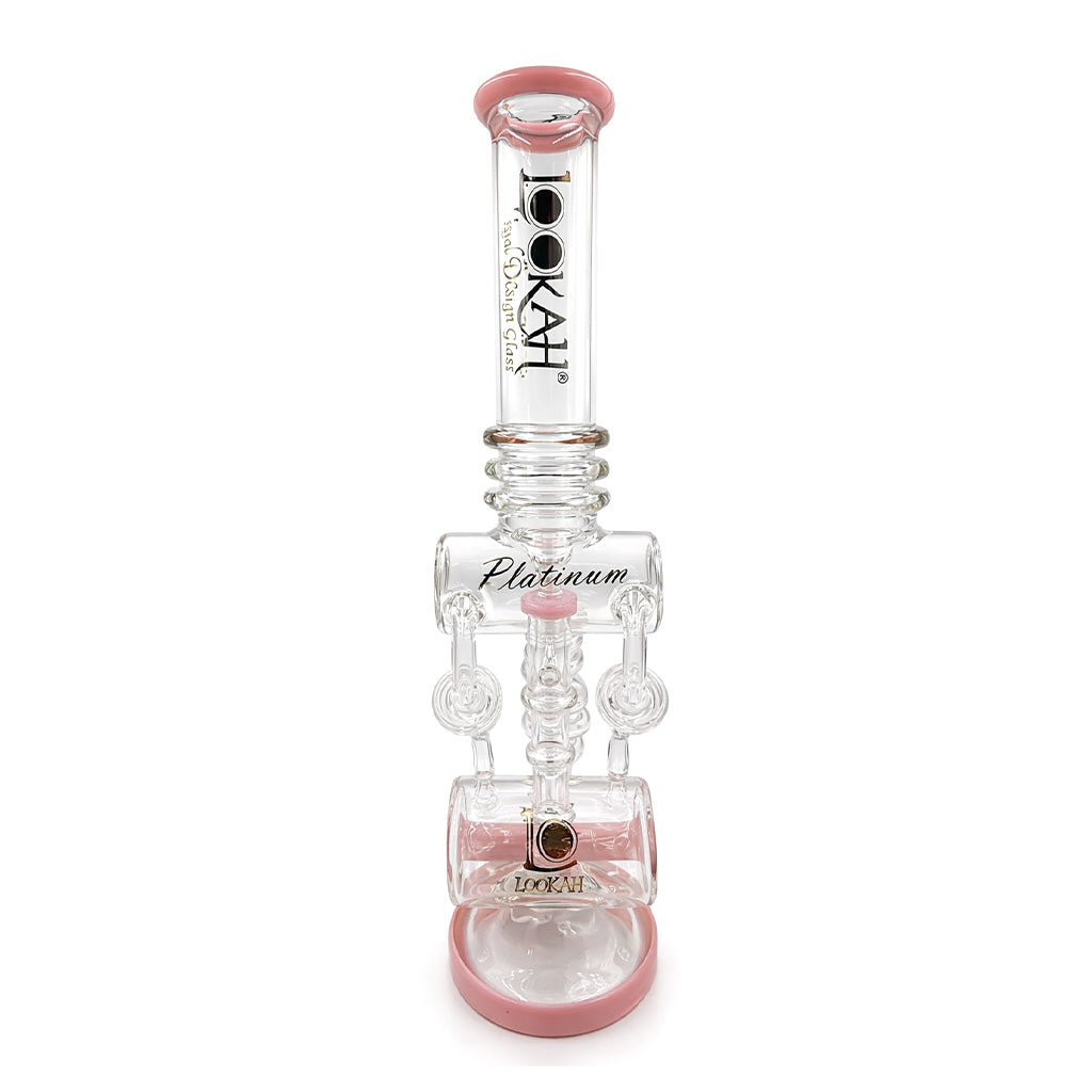 Lookah Platinum Princess Pink Recycler Dab Rig rear view with clear recycler chambers, straight tube design, and pink trim at Honeybee Herb