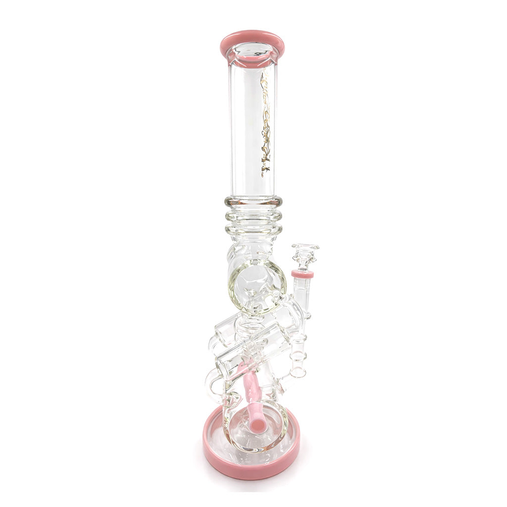 Lookah Platinum Princess Pink Recycler Dab Rig side view showing angled joint, recycler tubing, and pink base for online purchase 