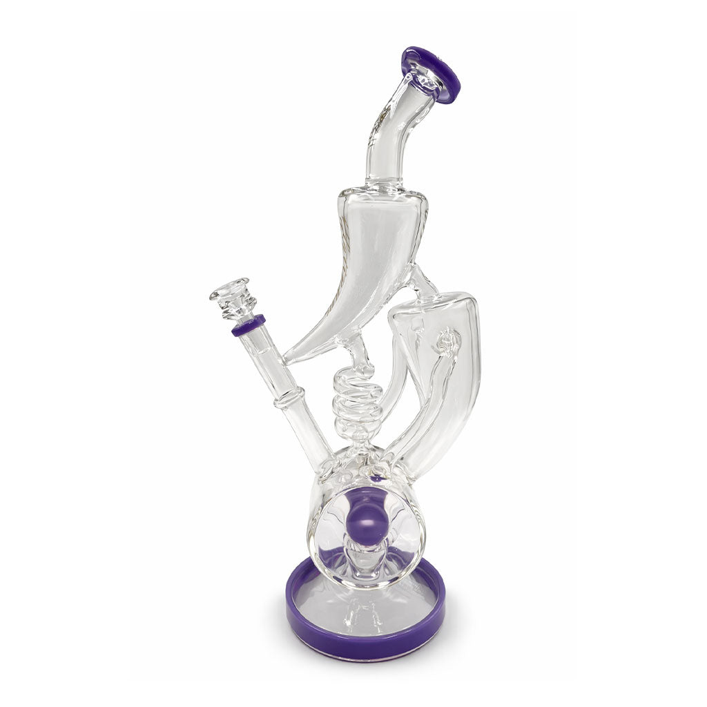 Back angle of Lookah glass recycler dab rig in purple showing coil perc chamber and sturdy base for smoother dabs 