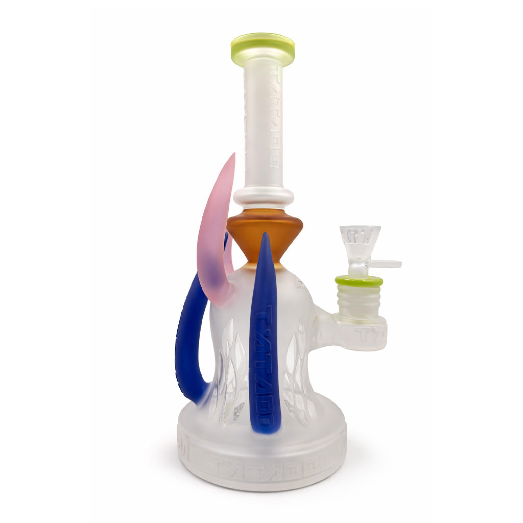 Front view of Lookah Tataoo 10 inch horned dab rig with frosted glass, orange accent collar, and pink horn details for a compact daily setup