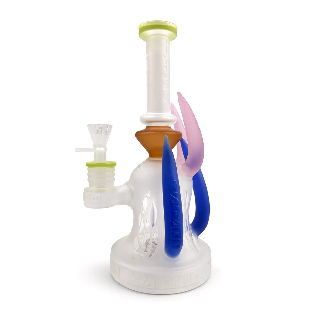 Side view of Lookah Tataoo 10 inch horned dab rig in orange and pink with frosted glass body and bowl included for smooth water cooled hits 
