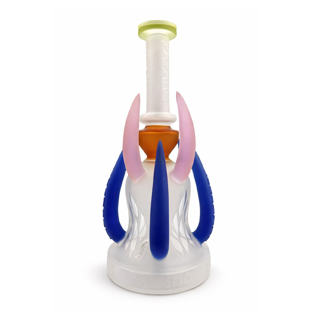 Lookah Tataoo 10 inch horned glass dab rig in orange and pink showing frosted base and horn handles built for steady airflow and easy handling 