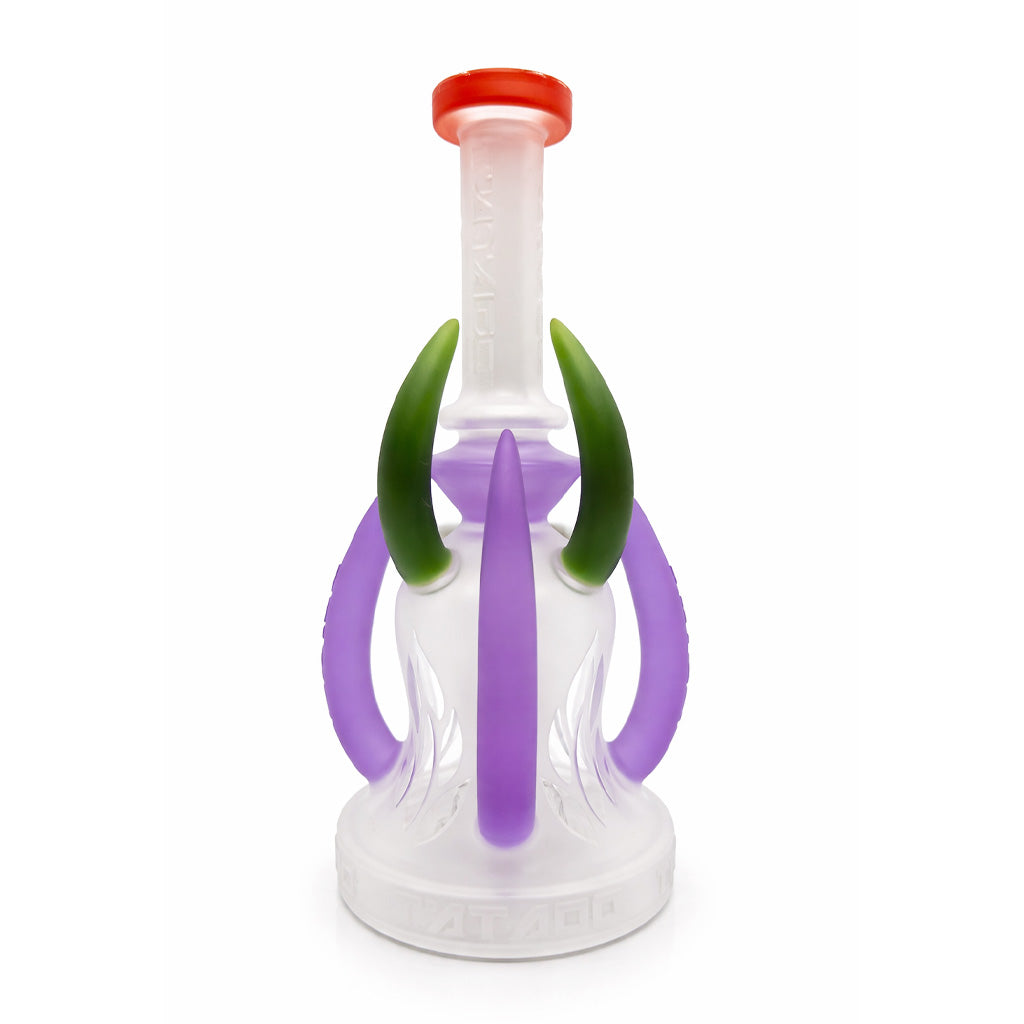 Front view of Lookah Tataoo 10 inch horned glass dab rig with frosted finish and purple horn accents designed for clean flavor and water cooling 