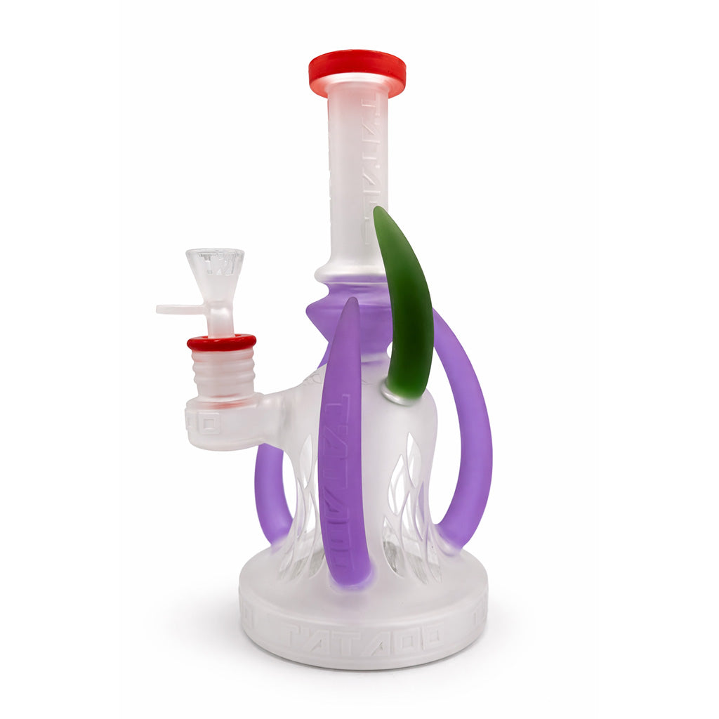Lookah Tataoo 10 inch horned dab rig in orange and purple showing the joint side and frosted base built for stable use and smooth diffusion