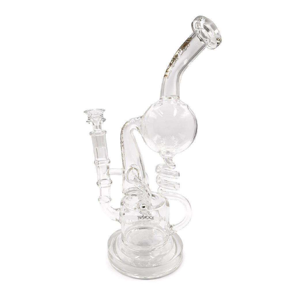 Angled view of Lookah Tsunami clear coil ball stemline recycler rig showing curved neck, ball chamber, and recycler function for smooth filtration