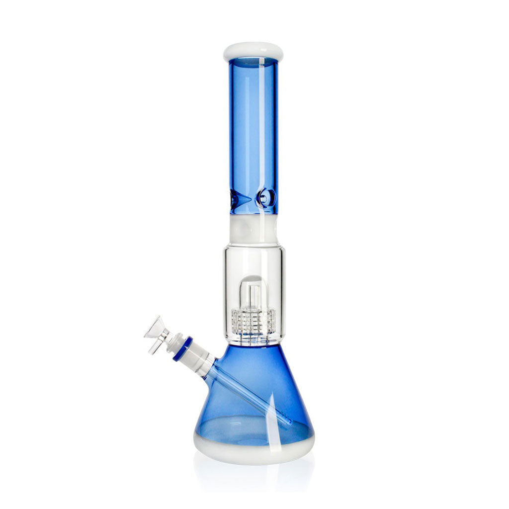 Angled view of Matrix Perc Beaker Base Ice Bong in Blue – Shop Honeybee Herb Today 
