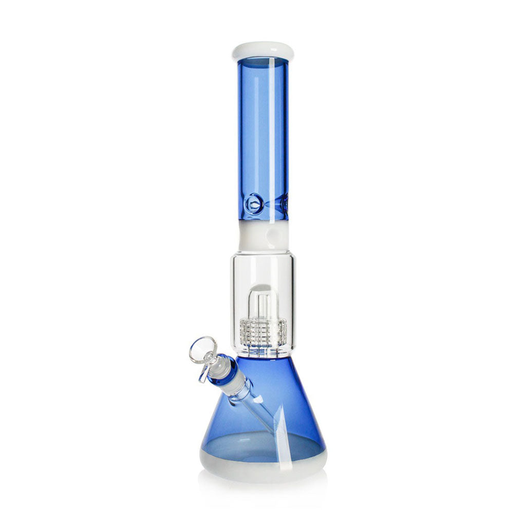 Front view of Matrix Perc Beaker Base Ice Bong in Blue – Buy Online at Honeybee Herb
