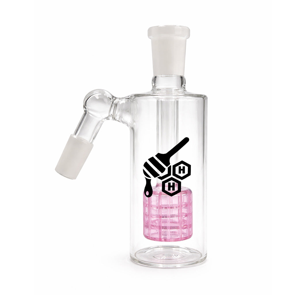 Matrix Perc Glass Cylinder Ash Catcher, 14mm male 45 degree, pink perc, clear glass.