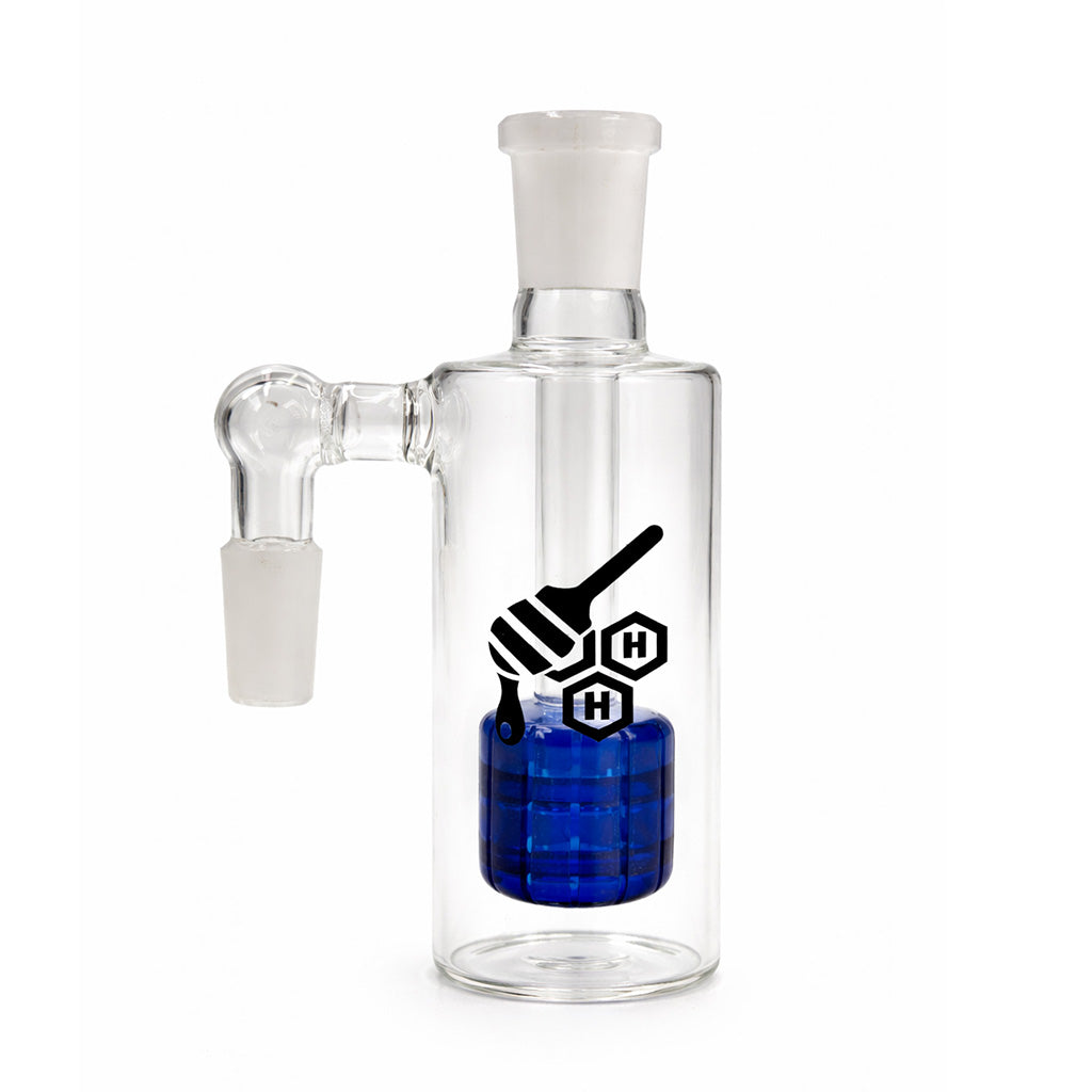 Matrix Perc Glass Cylinder Ash Catcher, 14mm male 90 degree, blue perc, clear glass.