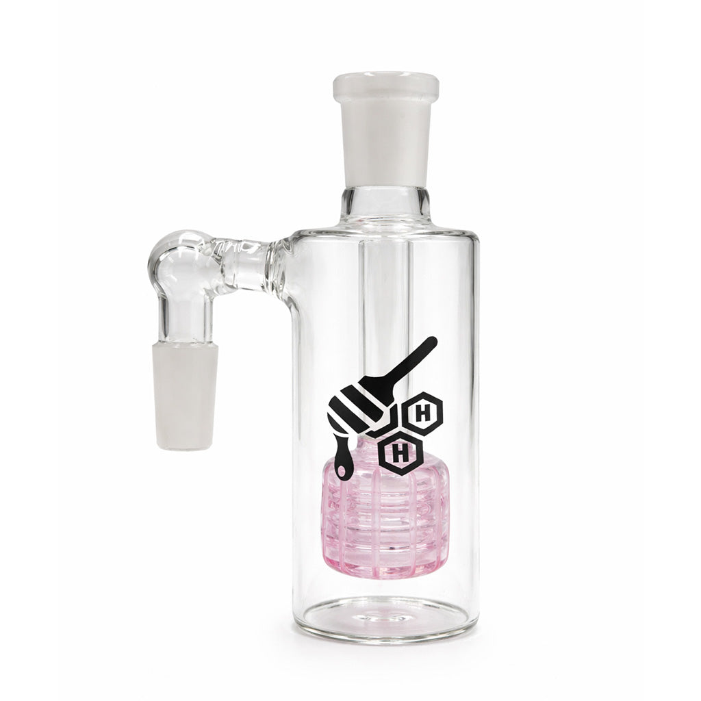 Matrix Perc Glass Cylinder Ash Catcher, 14mm male 90 degree, pink perc, clear glass.