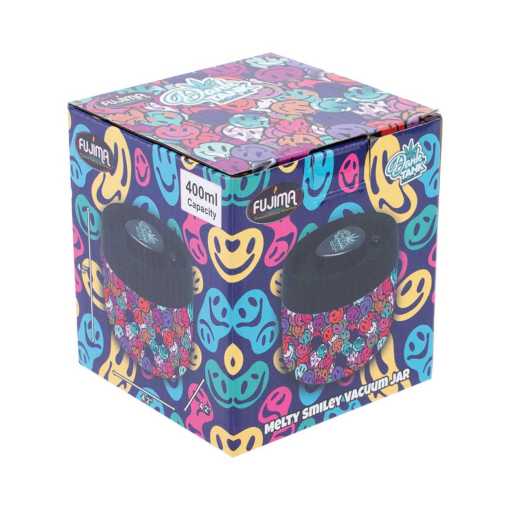 Melty Smiley Ultra Dank Tank Vacuum Jar packaging, 400ml storage, secure checkout at Honeybee Herb.