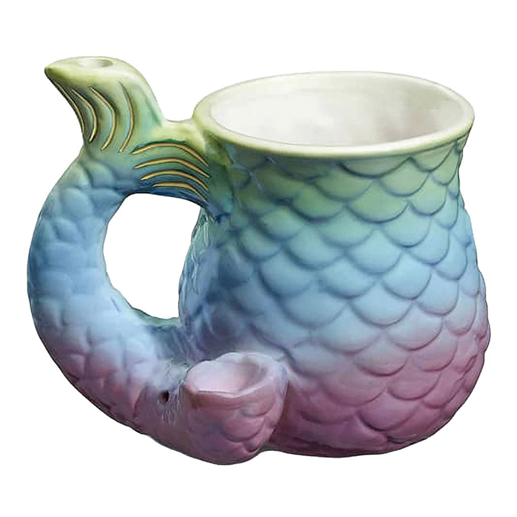 Pastel Mermaid Tail Roast & Toast pipe mug with blue green pink scale texture, curved tail handle, and side bowl for adult smoking accessory buyers