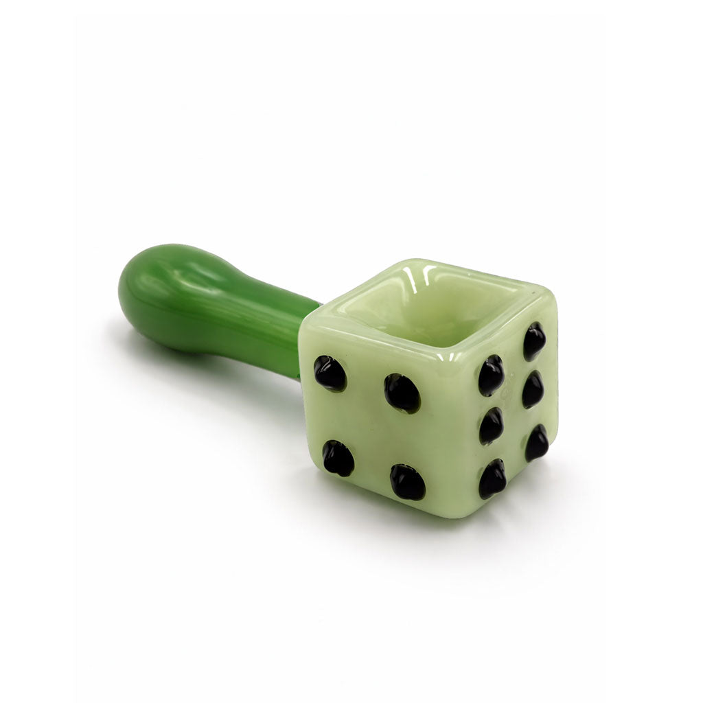 Milk green dice design glass hand pipe with cube bowl and black pip dots, easy grip shape for simple daily use and fast cleanup