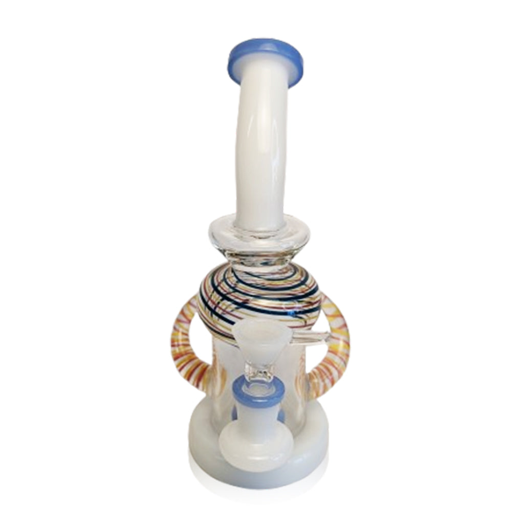 Honeybee Herb Milk White Glass Wrapped Spiral Double Horn Showerhead Perc Rig Straight View