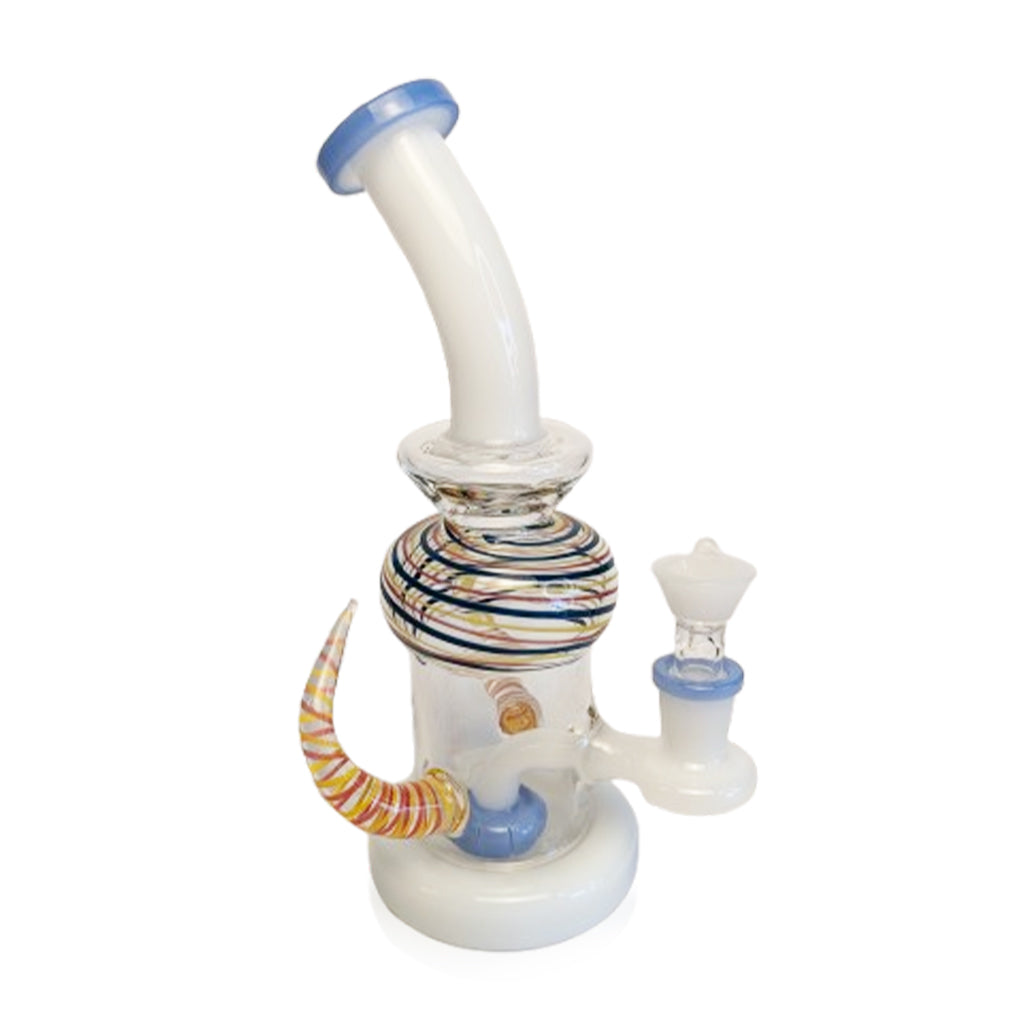 Honeybee Herb Milk White Glass Wrapped Spiral Double Horn Showerhead Perc Rig Clear View