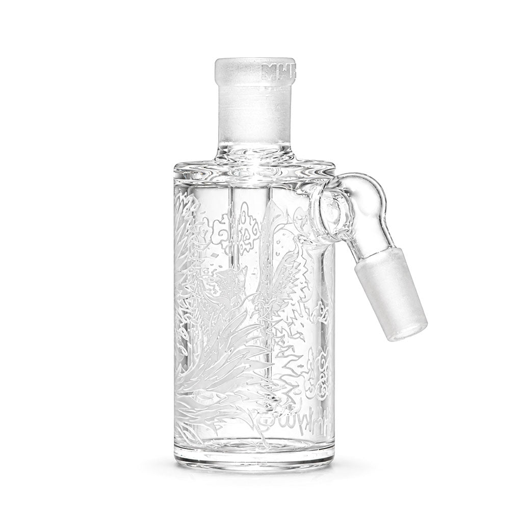 Clear Milkyway Phoenix wet ash catcher featuring a sandblasted design and showerhead diffuser, alternate angle.