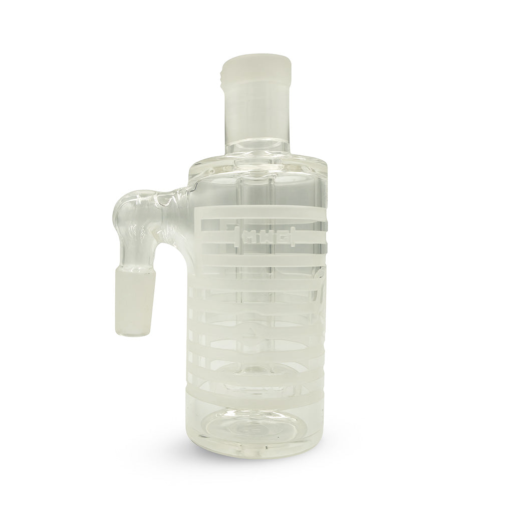 Clear Milkyway Universe glass ash catcher featuring frosted stripe design, ready to keep your bong cleaner when you order from Honeybee Herb.