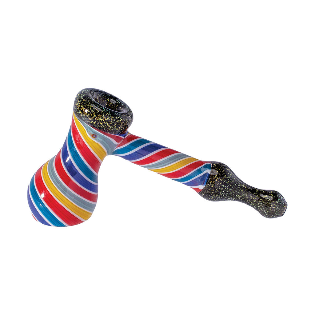 colorful mix stripe dicro glass bubbler pipe, rainbow pattern with glitter finish, premium smoking pipe from honeybee herb