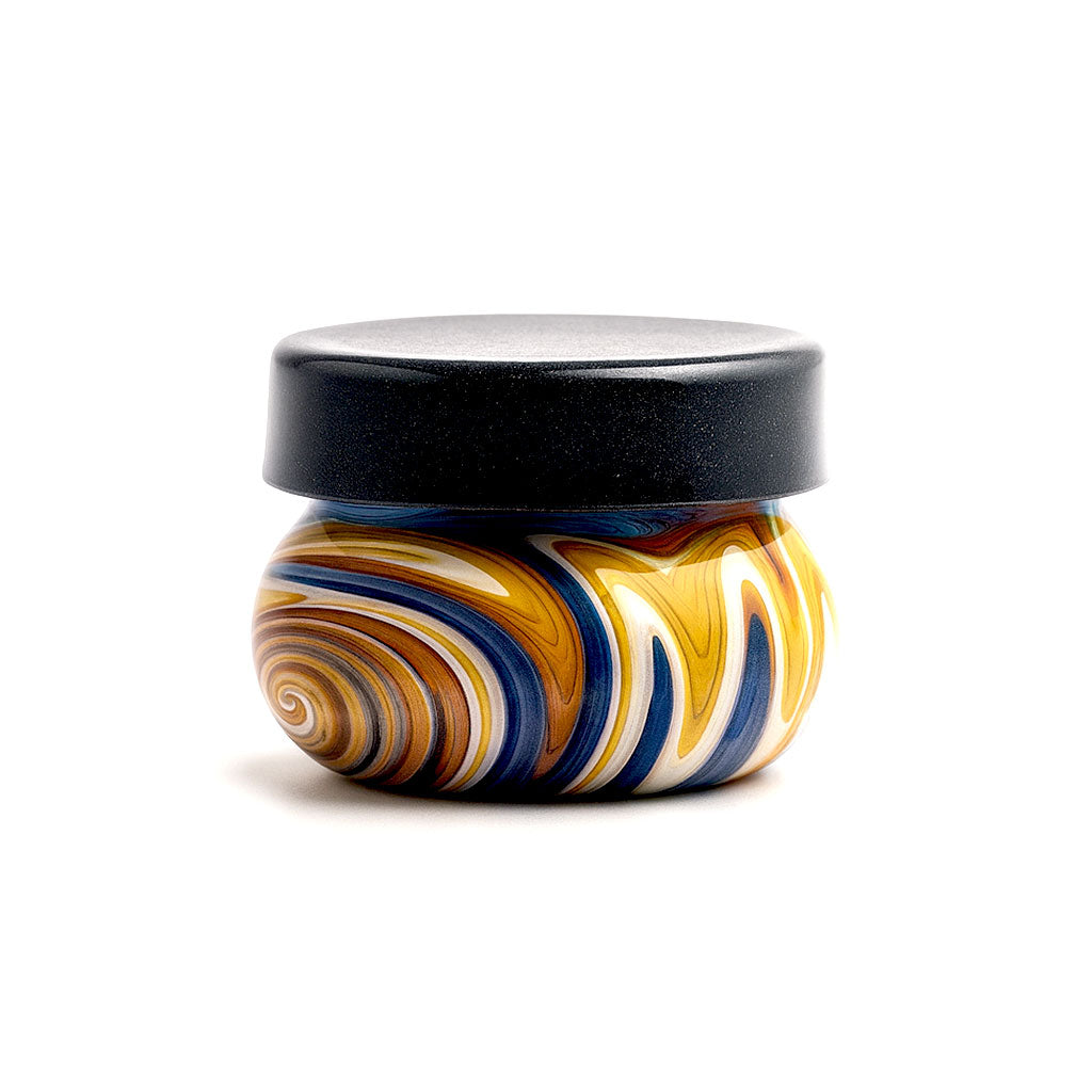 Molten Thunder Rounded Wig Wag Swirl Baller Storage Jar shown with a black lid at Honeybee Herb.
