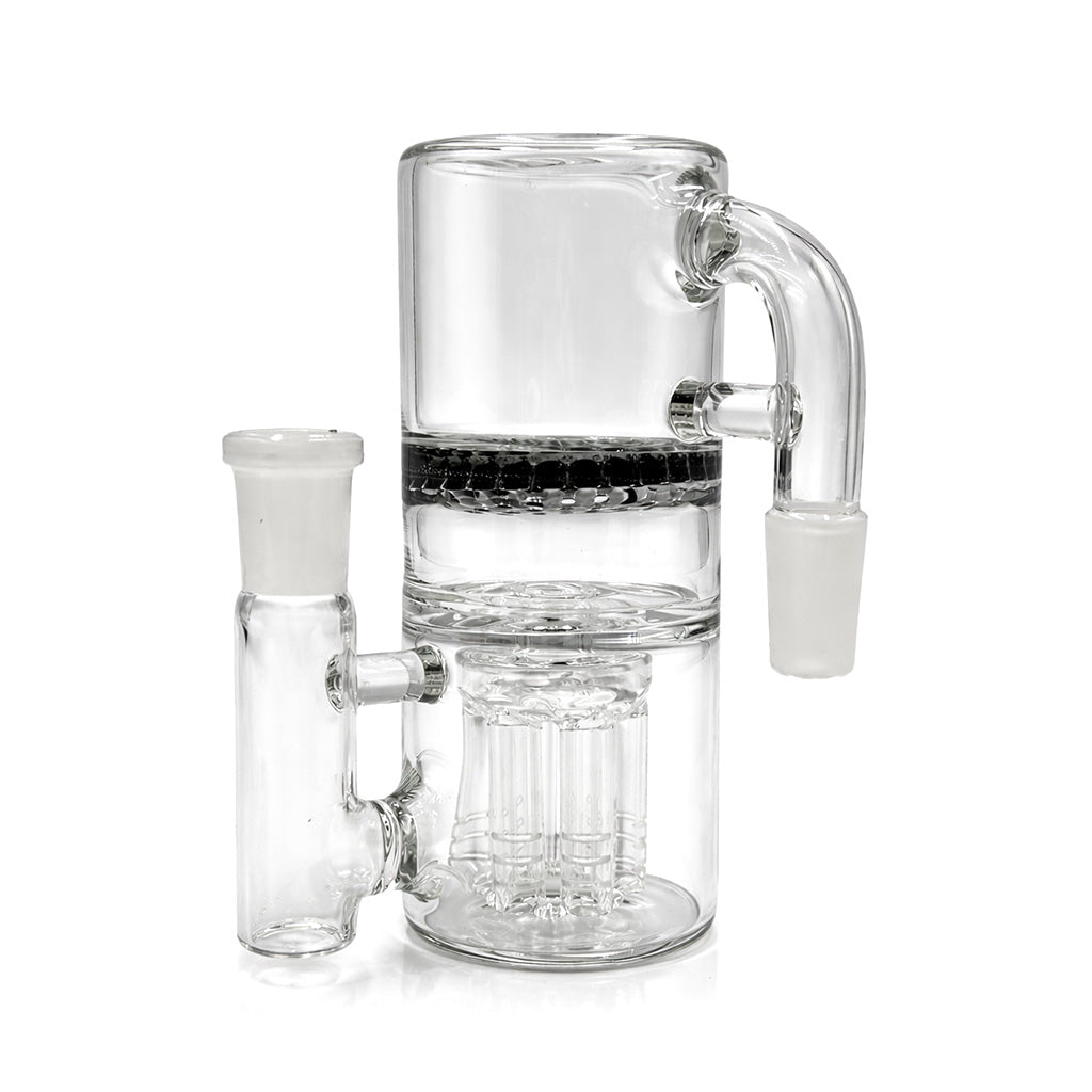 Smoke gray glass ash catcher with honeycomb perc and multi arm filtration chamber designed to trap ash, add diffusion, and keep bongs cleaner