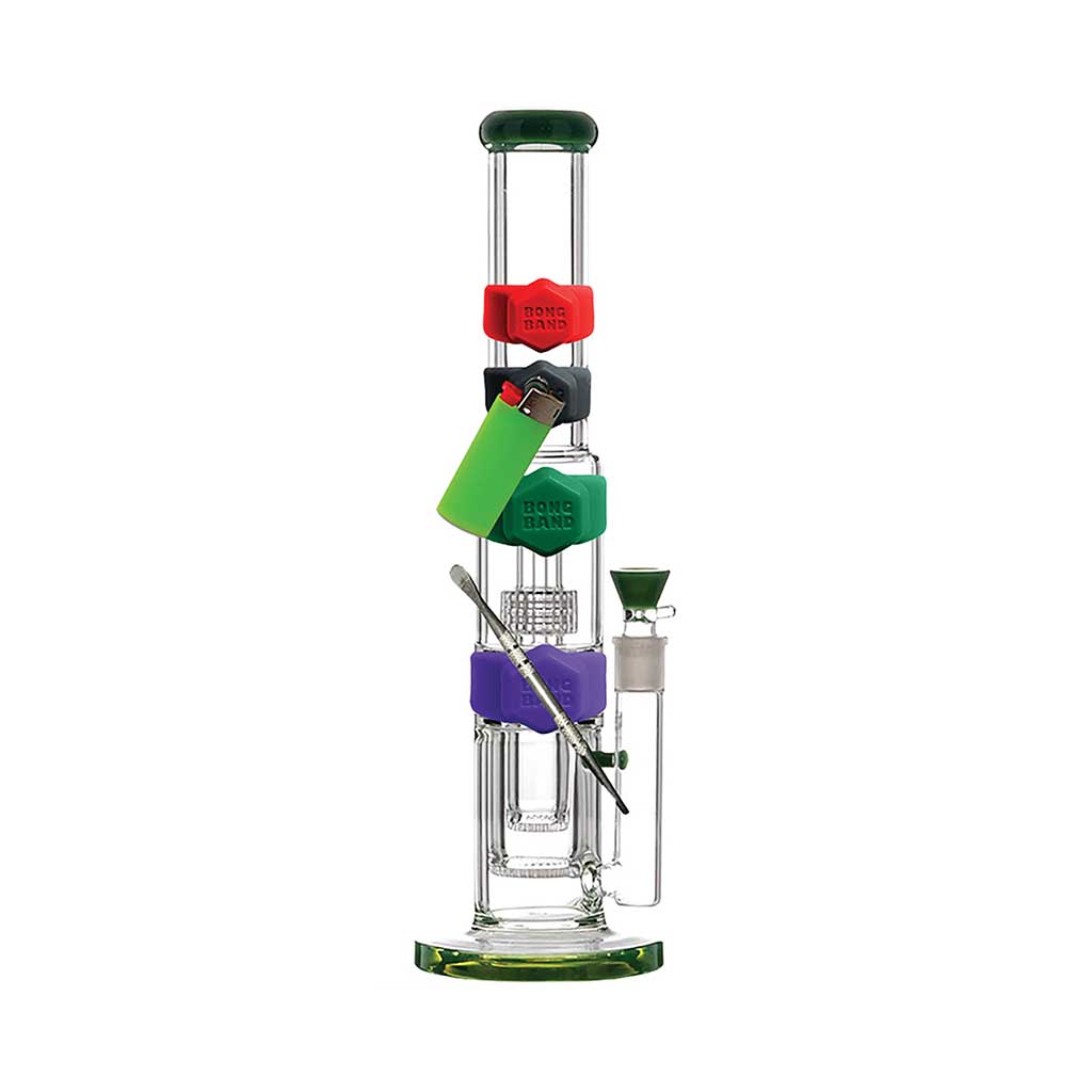 Glass Bong With Magnetic Bong Bandz In Red, Green, And Purple Holding Lighter & Dab Tool