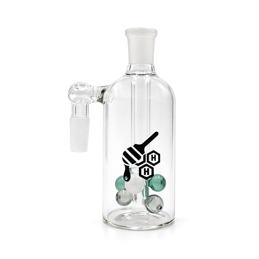 Multi Orb Ball Perc Ash Catcher, 14mm male 90 degree, clear glass body with teal and smoke orb accents.