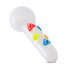 Side view of Milk White Mushroom Glass Clay Hand Pipe with colorful mushroom accents, durable glass pipe at Honeybee Herb 