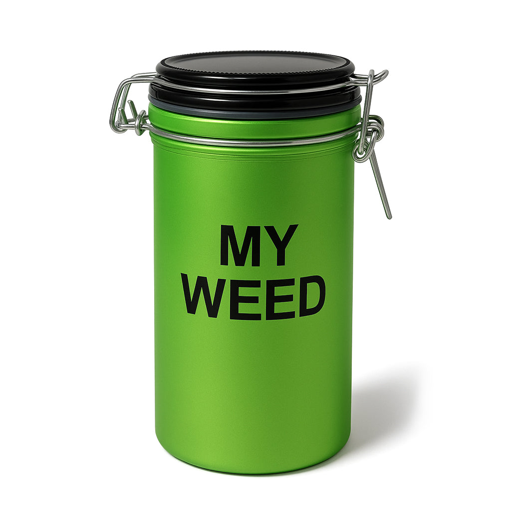 6-Inch Frosted Green “My Weed” Stash Jar Featuring Bold Black Text And An Airtight Metal Clamp Lid