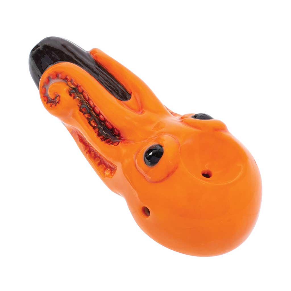Orange octopus ceramic hand pipe, side angle with carb hole—add to cart for quick delivery.