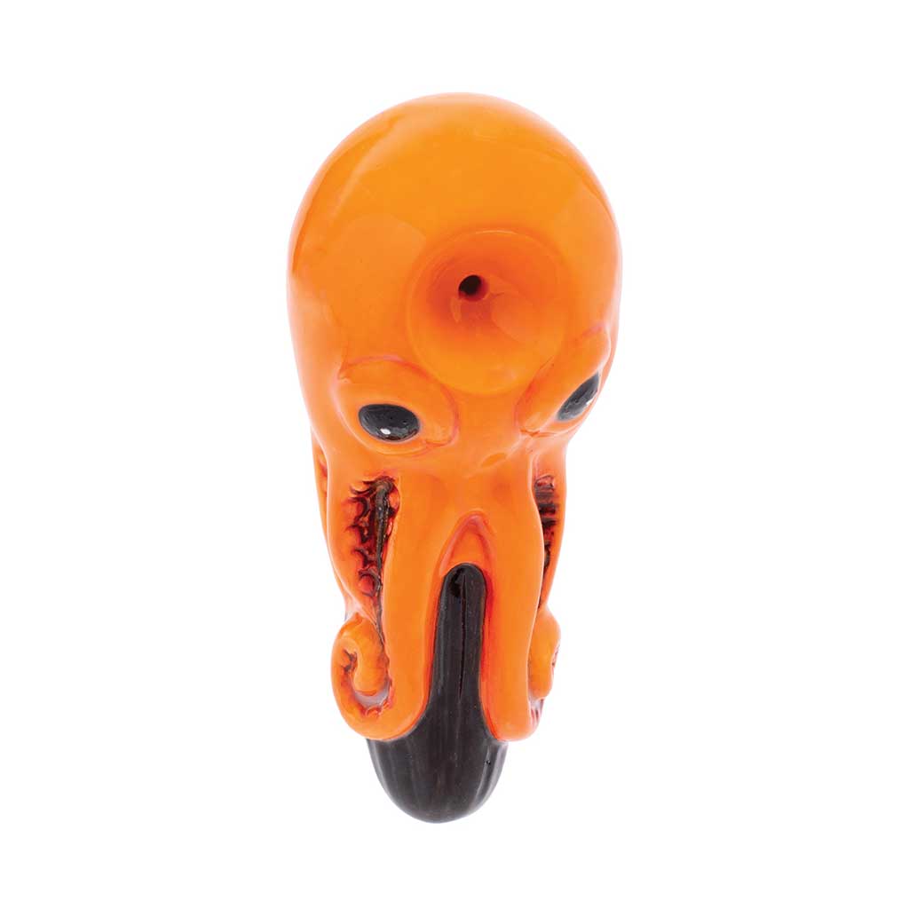 Shop orange octopus ceramic hand pipe, front view showing top bowl and carb—order now.
