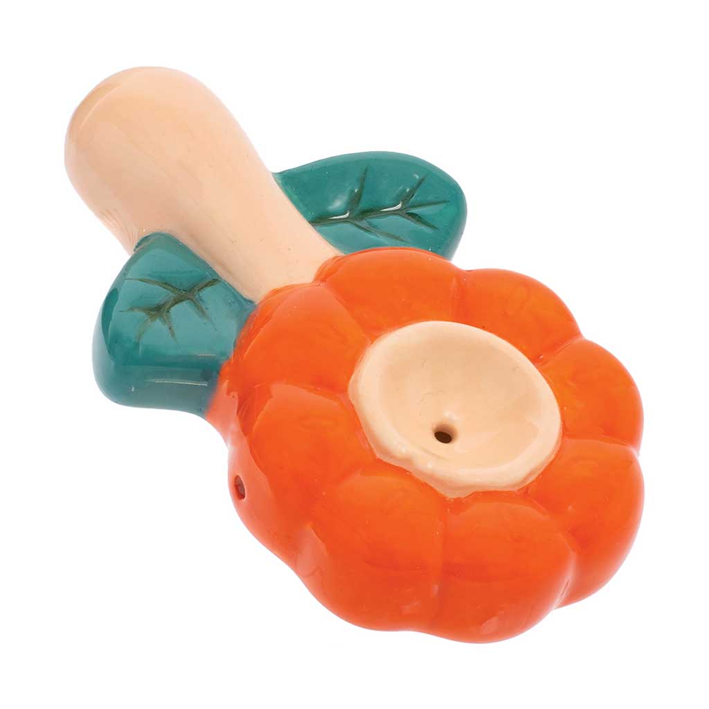 Angled view of Orange Flower Ceramic Pipe with green leaf design 
