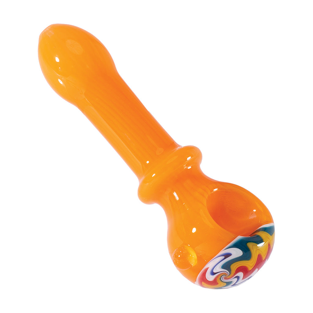 orange wig wag spoon hand pipe featuring multicolor flame swirl, premium glass pipe, perfect for daily use, buy at honeybee herb