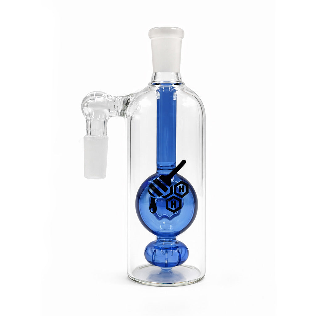 Orb Showerhead Perc Ash Catcher, 14mm male 90 degree, clear glass body with blue orb and showerhead perc.