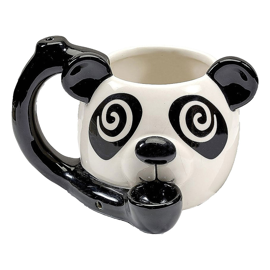 Panda Premium Roast and Toast Pipe Mug in black and white ceramic style with panda face, spiral eyes, handle, and front pipe bowl