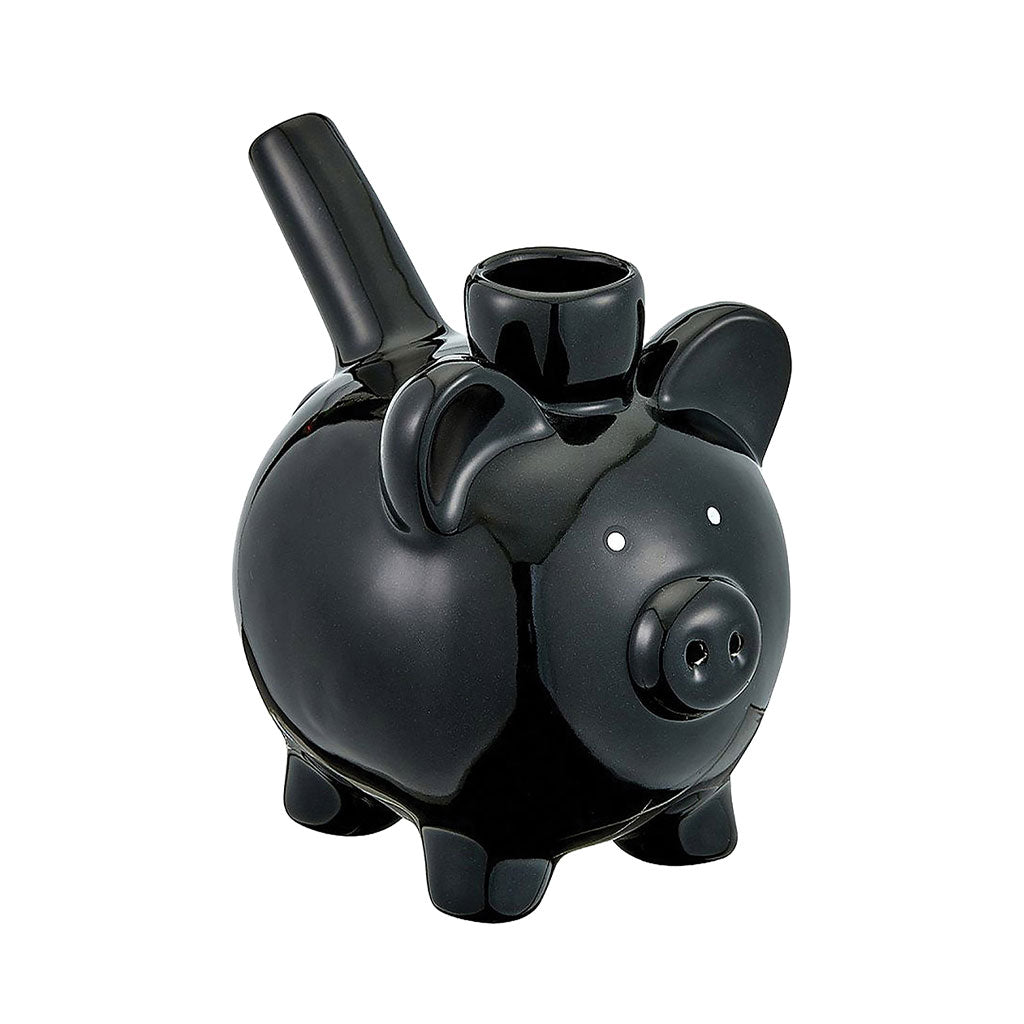 Black Pig Pipe Roast and Toast with black ceramic pig body, snout bowl piece, curved tail handle, and novelty smoking design