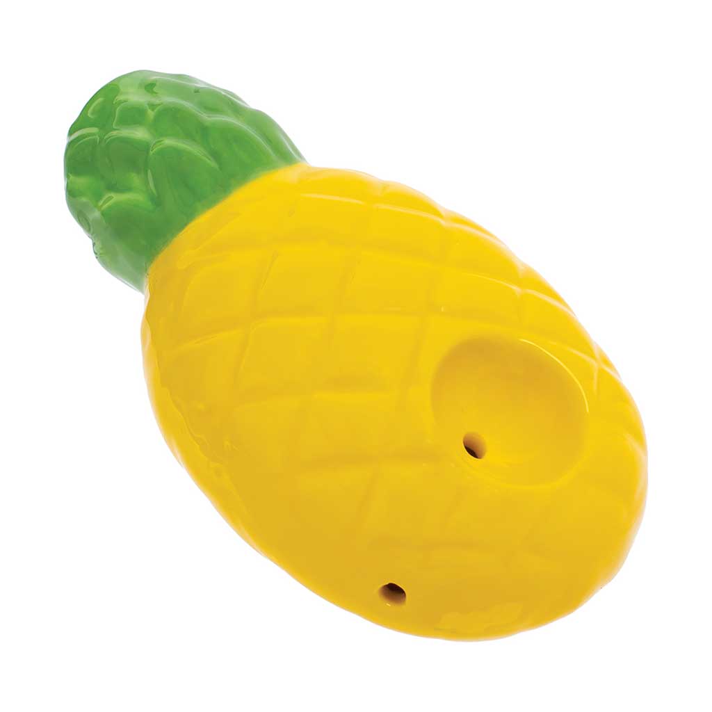 Angled view of pineapple ceramic pipe with smoking bowl