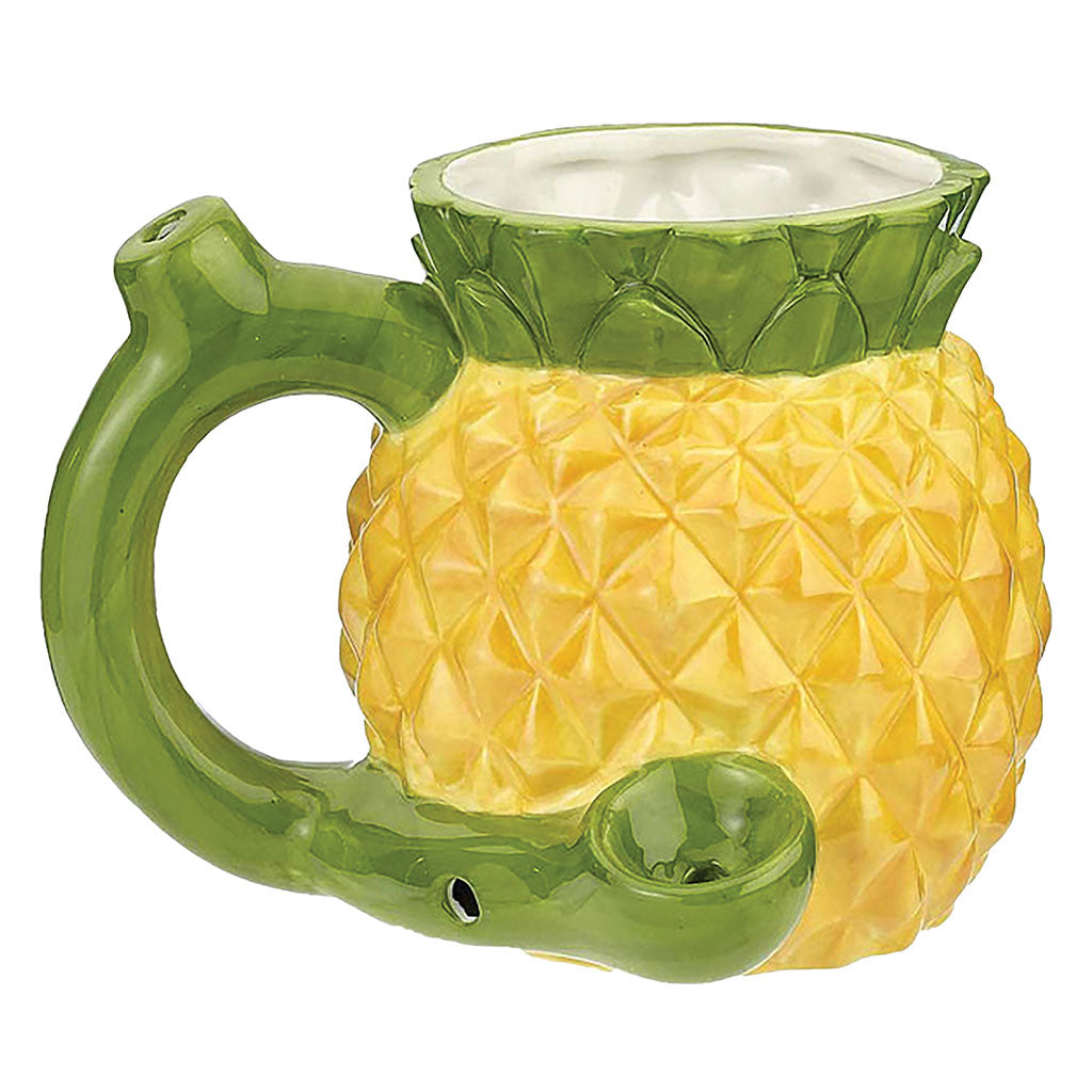 Pineapple Premium Roast and Toast pipe mug with yellow pineapple body, green leaf top, curved handle, and built-in front bowl