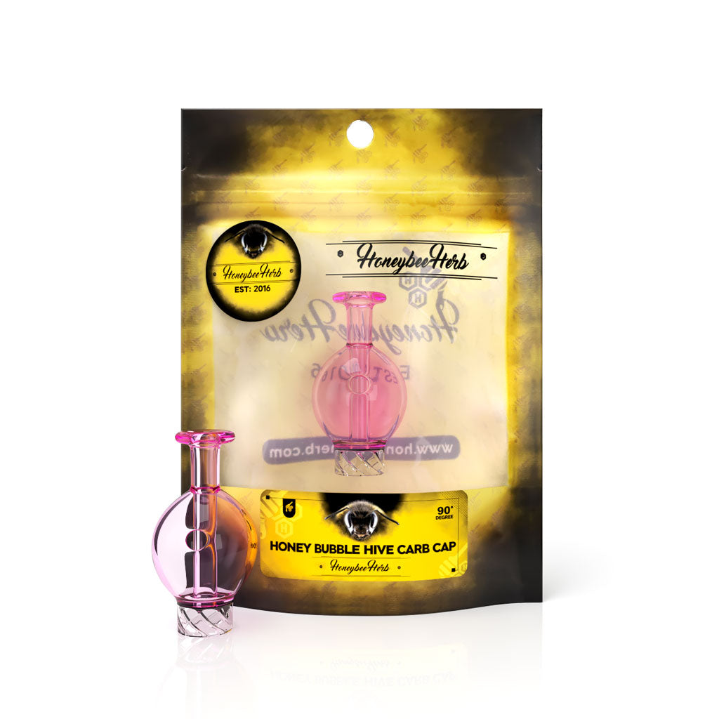 Honey Hive Bubble Auto Spin 30mm Outer & 16mm Spout Diameter Pink Glass Carb Cap Packaging View