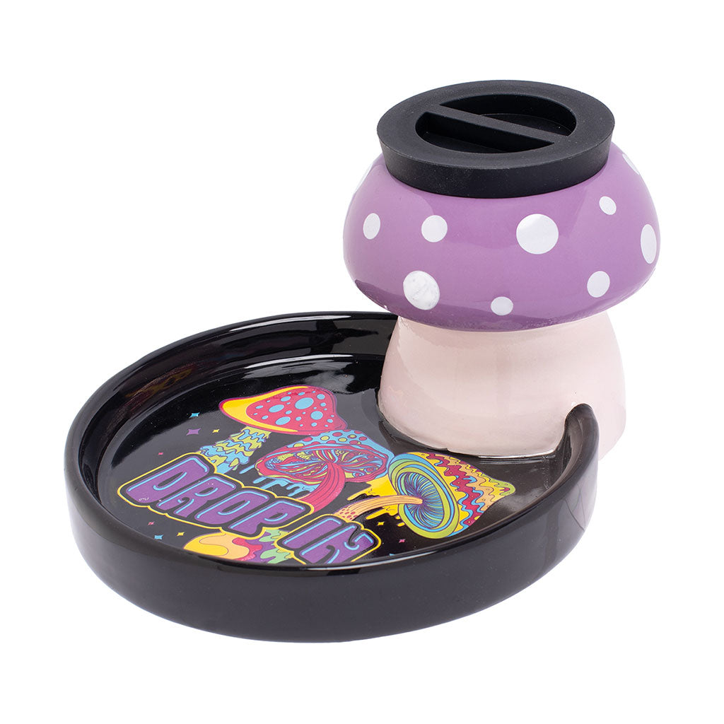 pink mushroom ceramic stash tray with drop in print, premium fujima 5.75 inch storage jar for herbs, buy at honeybee herb 