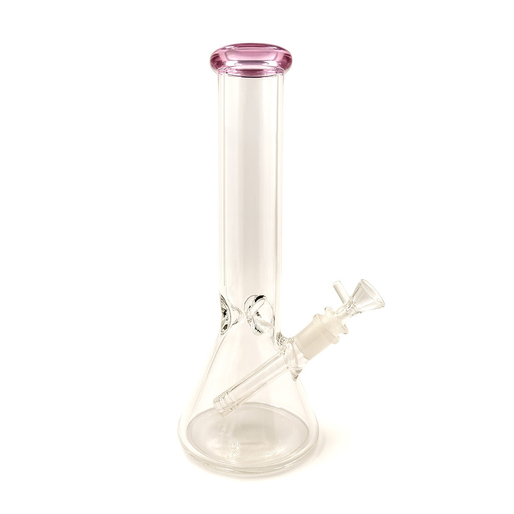 pink rim classic glass beaker bong water pipe with sturdy base and clear bowl, buy from Honeybee Herb