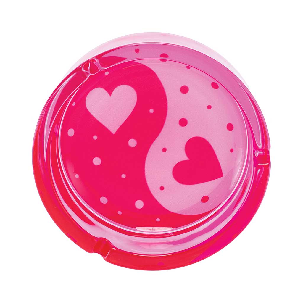 Pink Yin Yang Hearts Glass Ashtray top view – stylish smoking accessory