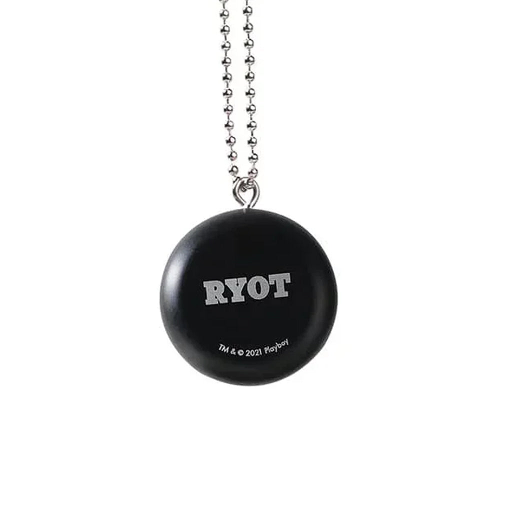 Close-up view of the black Playboy by Ryot Pendant Puck emphasizing its intricate logo detail.